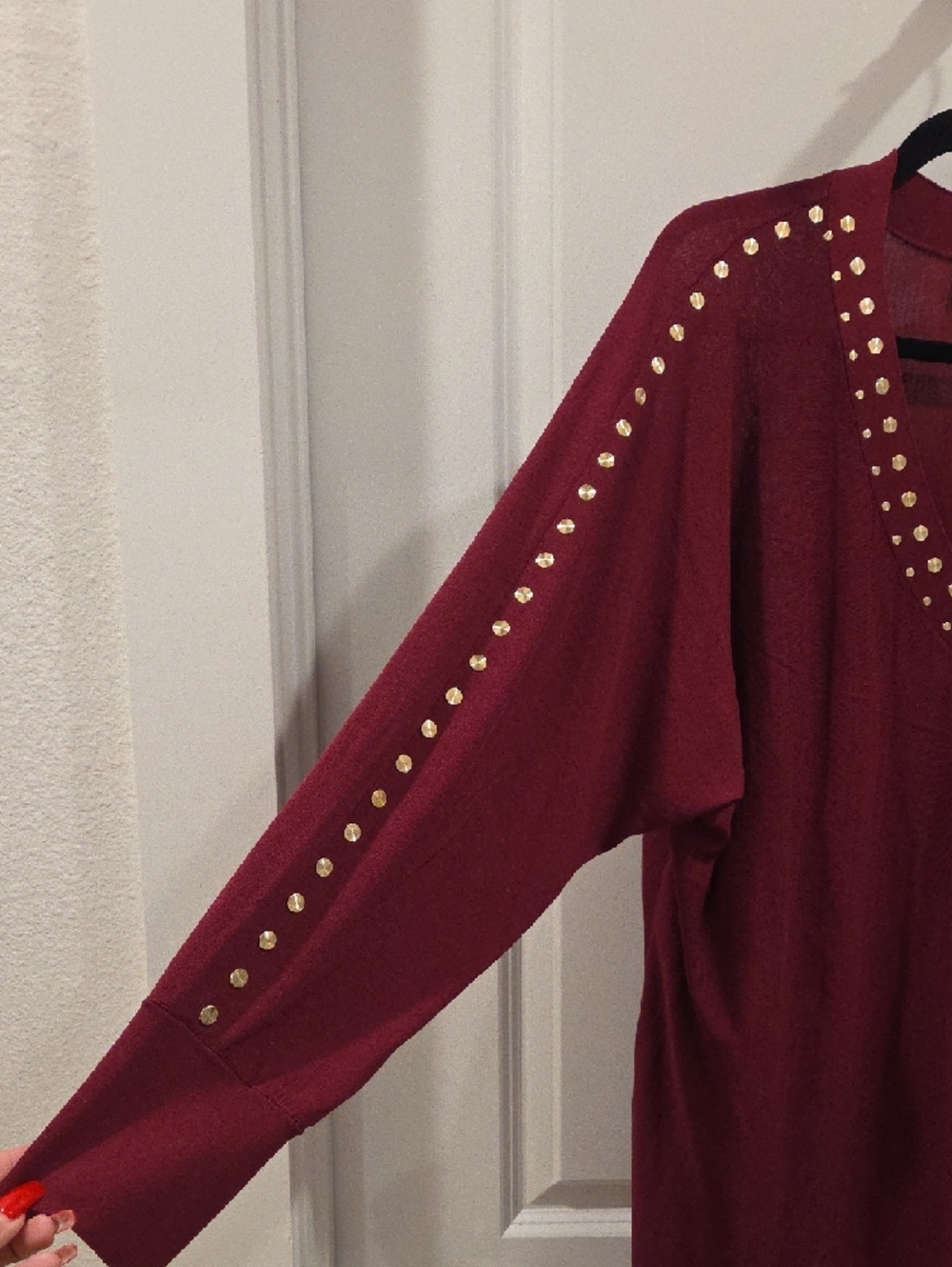INC International Concepts Burgundy V-Neck Studded Sweater - Picture 3 of 4